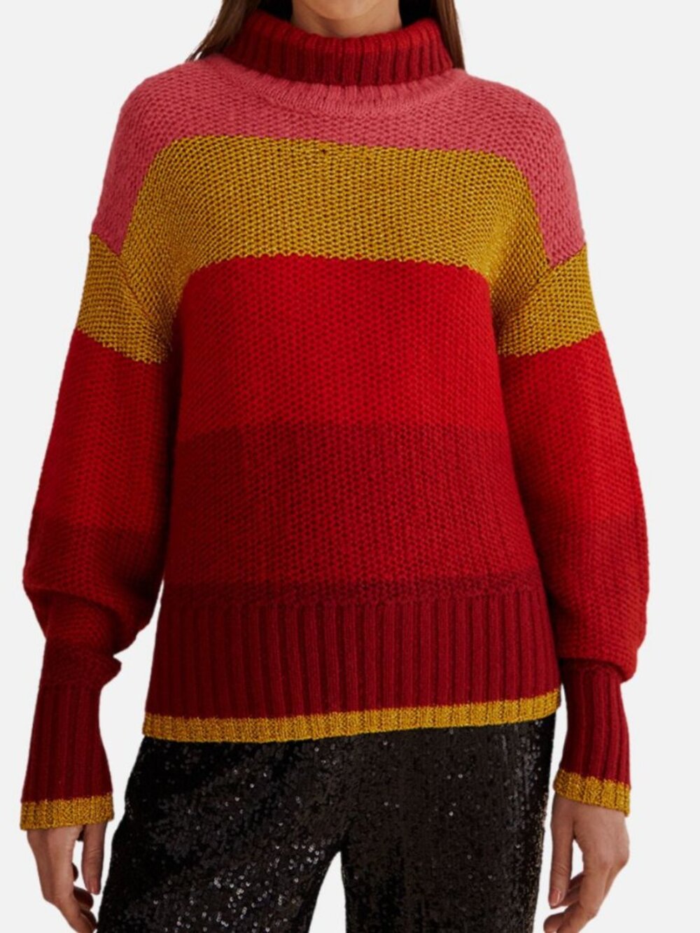Farm Rio Women's Red High Neck Relaxed Shiny Stripes Knit Sweater Size XS